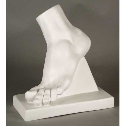Classical Greek-style sculpted foot on a rectangular base, featuring realistic anatomical details and smooth, ornate contours.