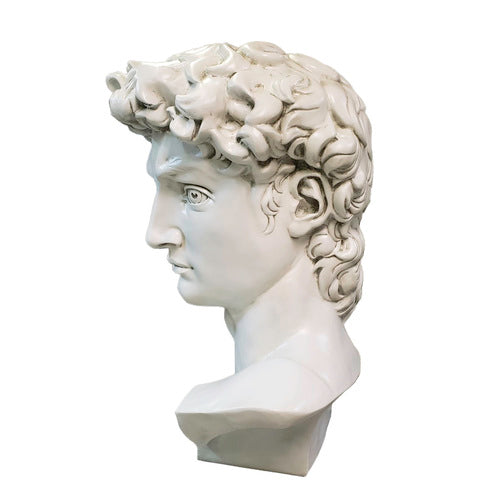 Classical Renaissance bust with intricate curls and strong features, inspired by old world European sculpture.