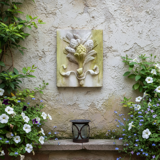 Ornate old world European wall plaque featuring a classical acanthus leaf and artichoke motif in a Baroque relief style. Side Angle