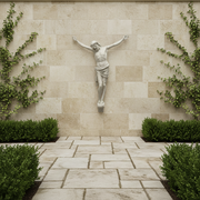 Crucifix statue featuring Jesus in a classical, old world European style with ornate, Renaissance-inspired detailing. Side View