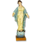 Madonna statue in classical Renaissance style with flowing robes, ornate floral details, and serene expression standing on a globe.