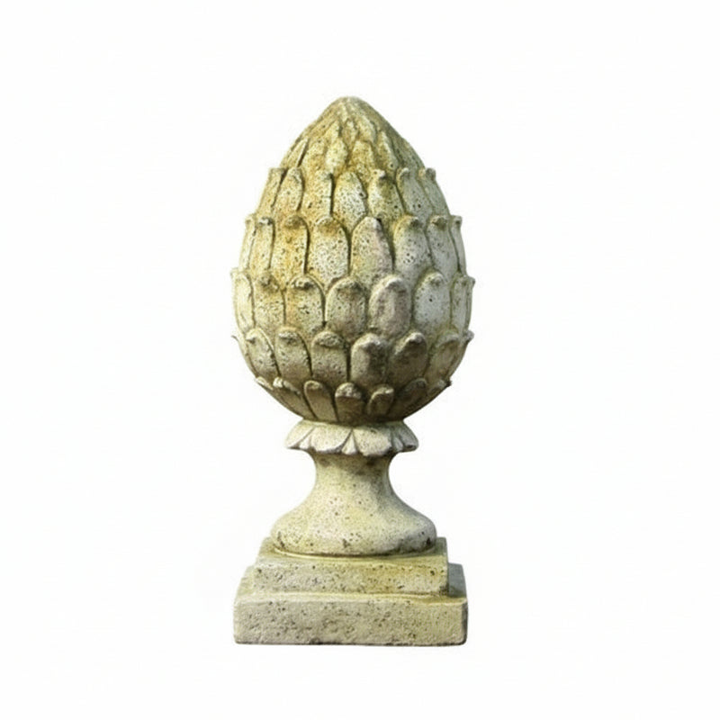 Pinecone finial with ornate, old world European detailing and classical pedestal base, inspired by Renaissance garden decor.