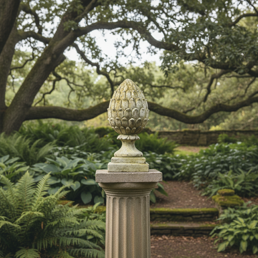 Pinecone finial with ornate, old world European detailing and classical pedestal base, inspired by Renaissance garden decor. Side Angle