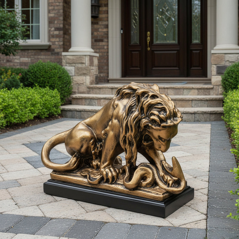 Lion Devouring Serpent Garden Statue (8 - Inch) Side Angle
