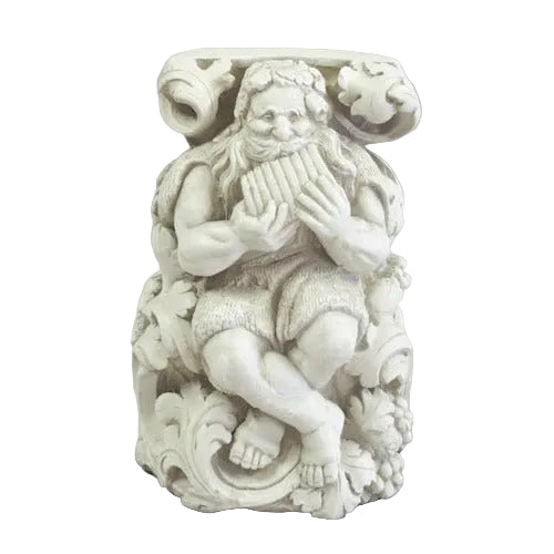Classical old world European figure playing pan flute, seated among ornate Baroque scrollwork and intricate Renaissance details.