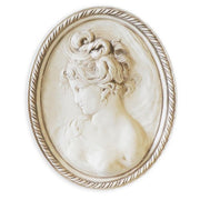 Classical oval cameo relief of a woman in profile with ornate hairstyle, featuring old world European and Renaissance detailing. Side Angle