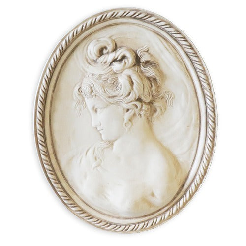Classical oval cameo relief of a woman in profile with ornate hairstyle, featuring old world European and Renaissance detailing. Side Angle
