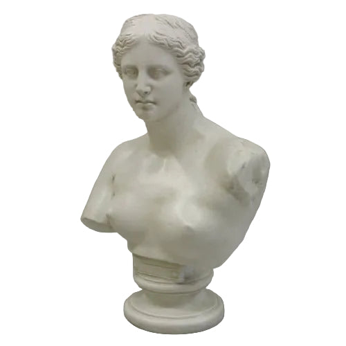 Classical Greek-style female bust with serene expression and ornate detailing, inspired by Renaissance and old world European art.