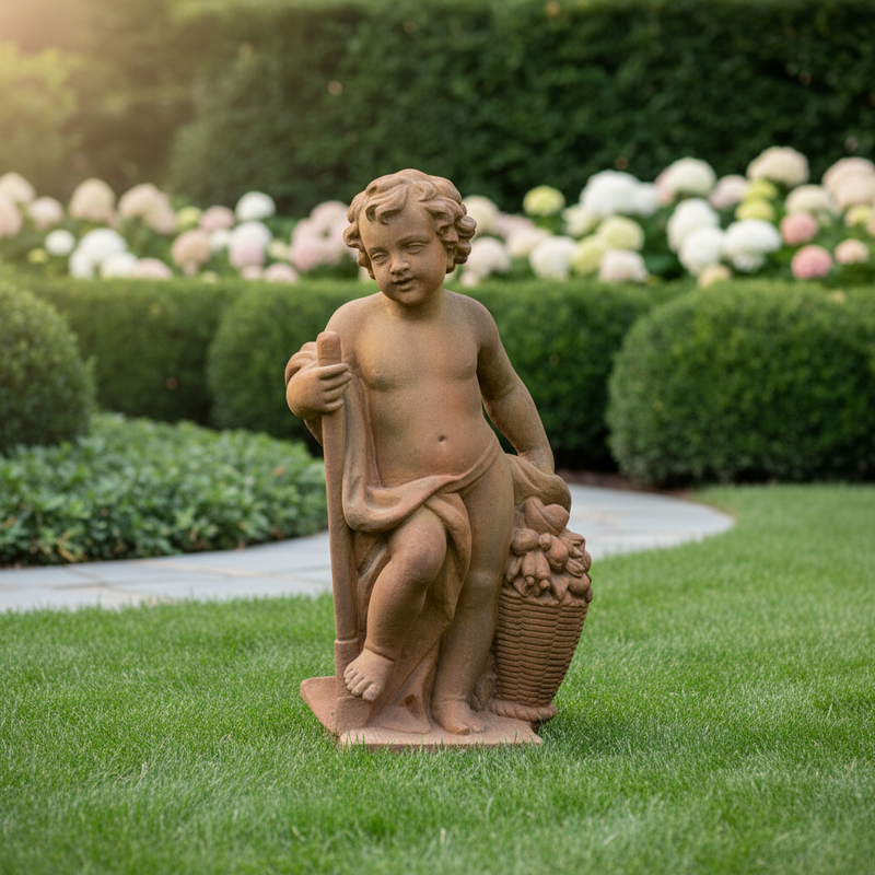 Cherub with Basket of Fruit Outdoor Statue (36 - Inch) Side Angle