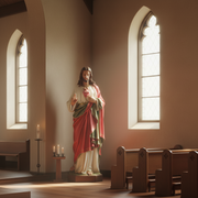 Sacred Heart of Jesus statue in classical Renaissance style, featuring ornate robes and detailed facial expression, standing on a pedestal. Side Angle