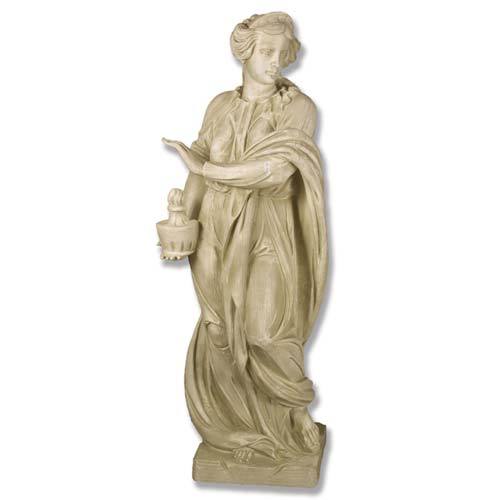 Classical Renaissance-style female statue in flowing drapery, holding a small urn, with ornate detailing and serene expression.