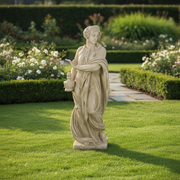 Classical Renaissance-style female statue in flowing drapery, holding a small urn, with ornate detailing and serene expression. Side Angle