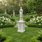 Classical European statue of a robed woman on an ornate pedestal with Renaissance and Baroque decorative reliefs. Side Angle