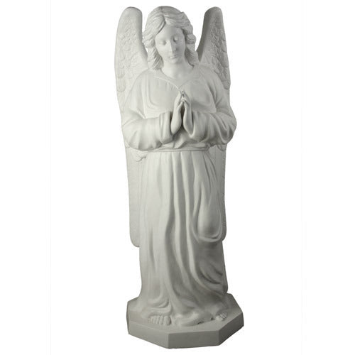 Angel statue with folded hands, flowing robes, and detailed wings in a classical old world European style with ornate features.