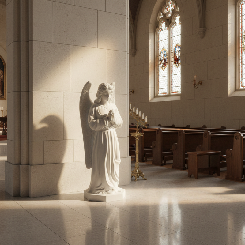 Angel statue with folded hands, flowing robes, and detailed wings in a classical old world European style with ornate features. Side Angle