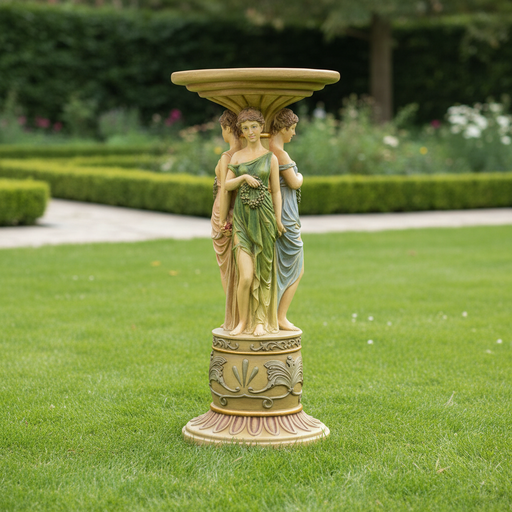 Pedestal stand with three classical Greek-style female figures in draped robes, ornate base with old world European detailing. Side Angle
