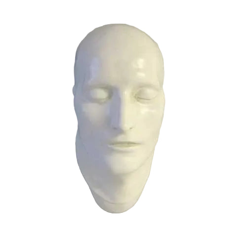 Classical European sculpted head with closed eyes, smooth features, and serene expression, evoking Renaissance and old world style.