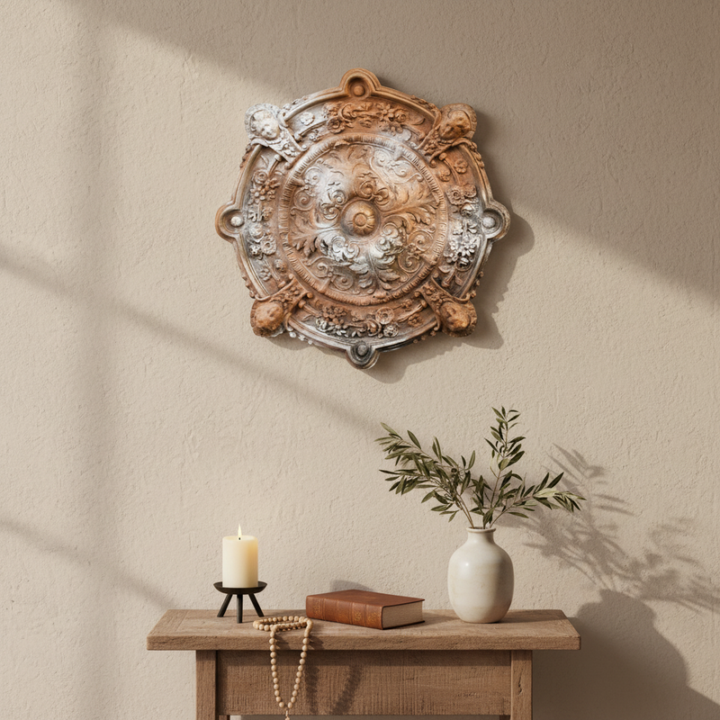 Ornate Baroque ceiling medallion with intricate floral scrollwork and classical old world European detailing. Side View