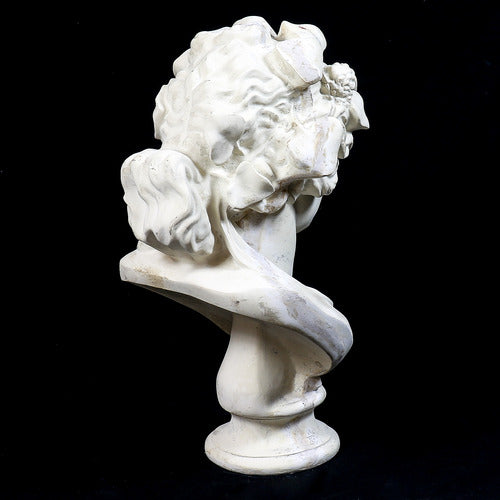 Classical Greco-Roman style bust with ornate floral crown and serene facial expression, inspired by Renaissance sculpture. Different Angle