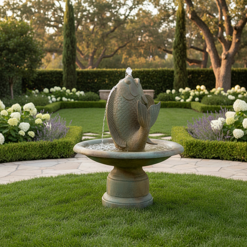 Fish Pedestal Bowl Set Garden Statue (42 - Inch) Side Angle