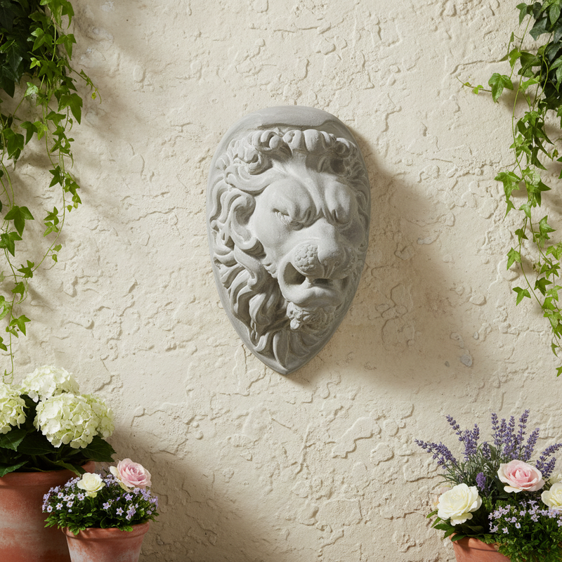 Lion head sculpture with flowing mane, classical old world European style, ornate detailing, reminiscent of Renaissance architectural decor. Side Angle