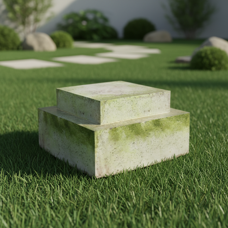 Stacked square pedestals with weathered, old world European style and ornate, classical detailing, featuring a mossy aged finish. Side Angle