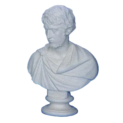 Classical European bust sculpture with ornate drapery and detailed facial features in Renaissance style.