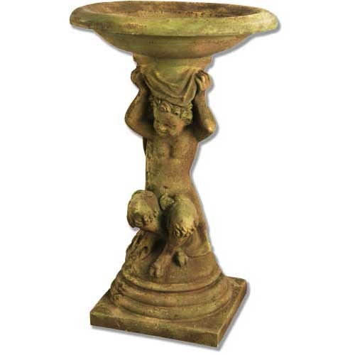 Cherub pedestal birdbath with ornate old world European detailing and classical Renaissance-inspired sculptural accents.