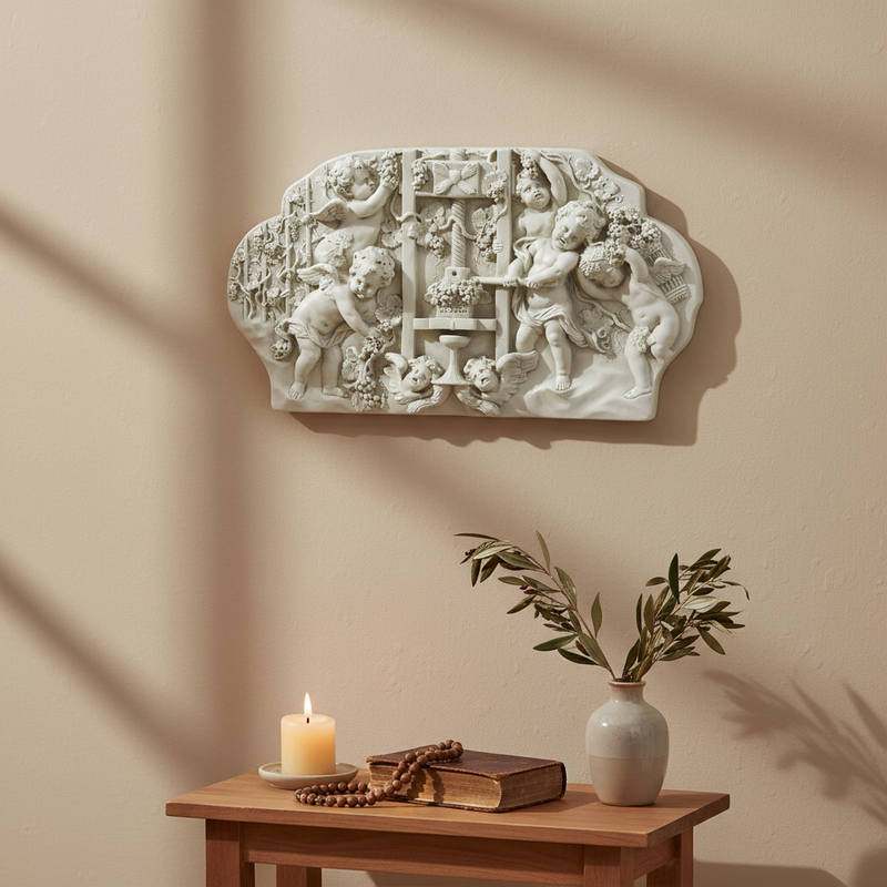 Baroque wall plaque featuring ornate cherubs, grapevines, and classical motifs in an old world European relief style. Side View