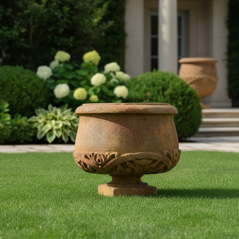 Ornate Round Pot Outdoor Statue (20 - Inch) Side View