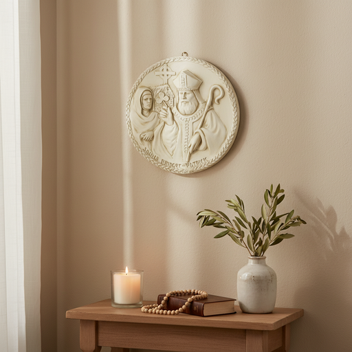Saints Brigid and Patrick in classical relief, ornate old world European style with intricate border and religious symbols. Side Angle