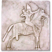 Relief of an archer on horseback in classical old world European style with ornate, medieval and ancient motifs.