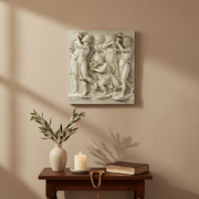 Bas-relief of playful cherubs in flowing drapery, holding vessels, in ornate Renaissance classical style with intricate detailing. Side Angle