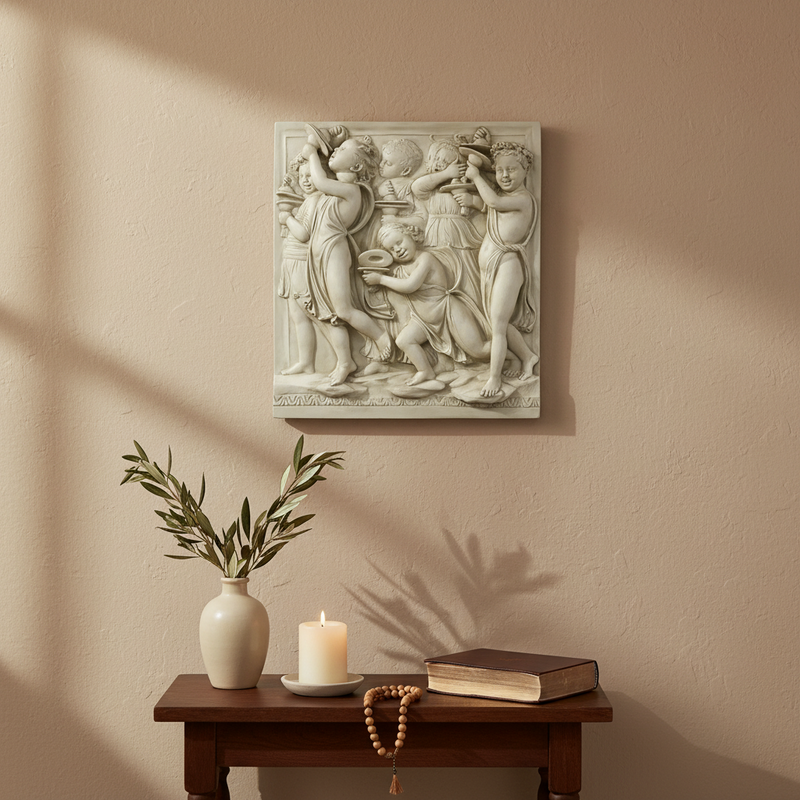 Bas-relief of playful cherubs in flowing drapery, holding vessels, in ornate Renaissance classical style with intricate detailing. Side Angle