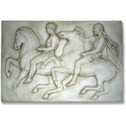 Classical Greek bas-relief showing two riders on horseback, featuring ornate, detailed figures in an ancient, old world European style.
