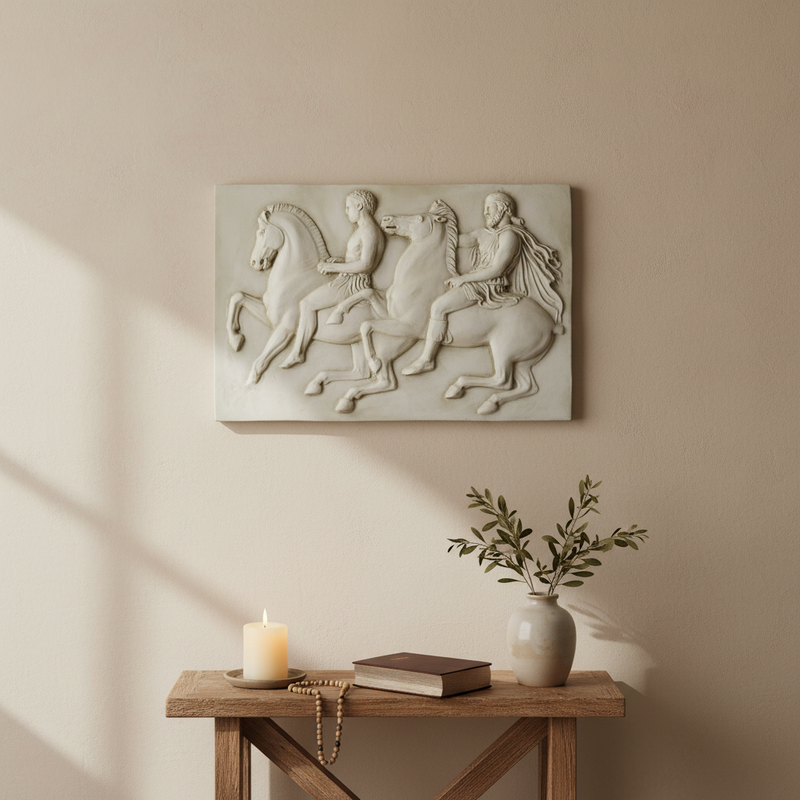 Classical Greek bas-relief showing two riders on horseback, featuring ornate, detailed figures in an ancient, old world European style. Side View
