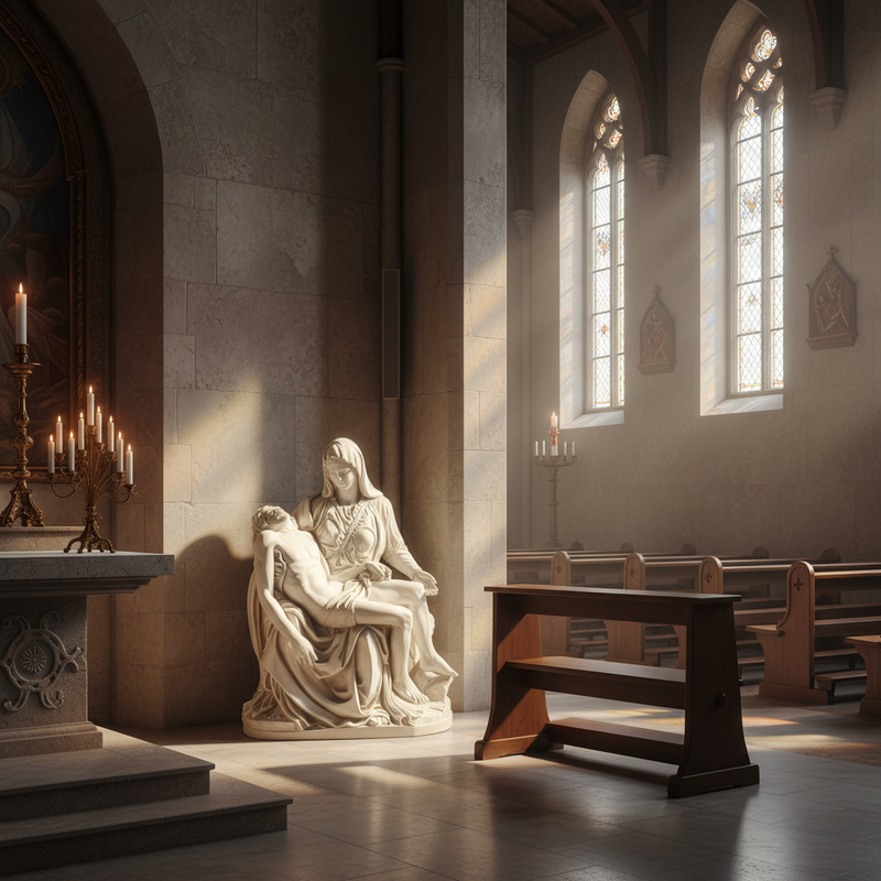 Pietà sculpture in classical Renaissance style, depicting Mary holding the body of Christ with ornate, detailed drapery and serene expressions. Side Angle