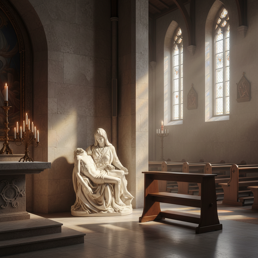 Pietà sculpture in classical Renaissance style, depicting Mary holding the body of Christ with ornate, detailed drapery and serene expressions. Side Angle