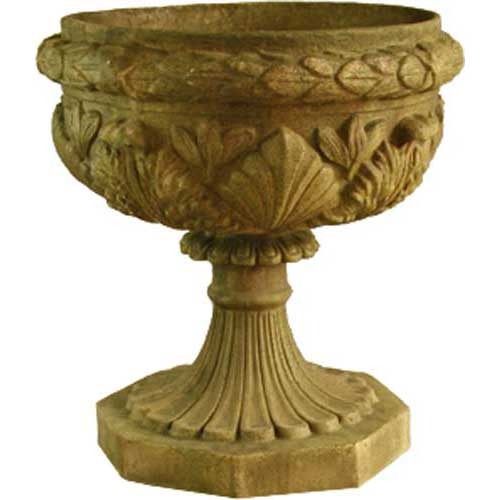 Ornate classical pedestal urn with Baroque and Renaissance detailing, featuring sculpted acanthus leaves and shell motifs.