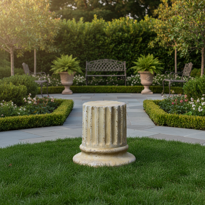 Fluted column base with classical Greek architectural style and ornate, weathered detailing. Side Angle