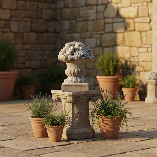 Ornate classical urn with intricate fruit and floral relief, featuring old world European and Baroque decorative detailing. Side Angle