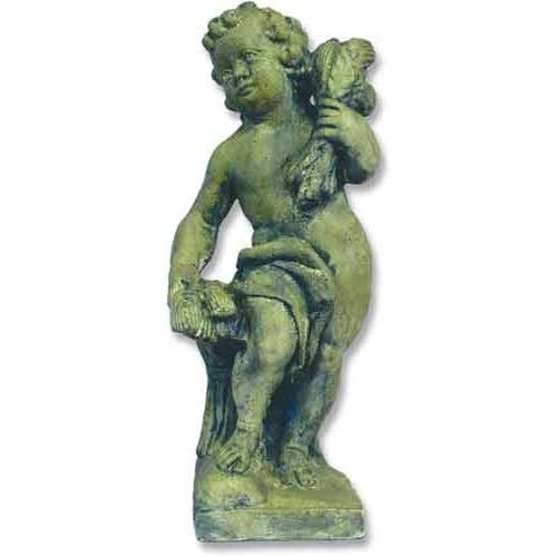 Standing cherub with a calm facial expression holding a cornucopia on a rectangular base.