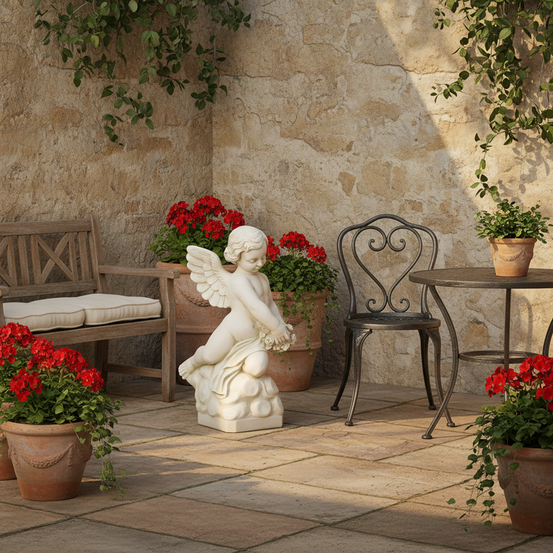 Cherub statue with Baroque and Renaissance influences, featuring ornate wings and floral garland, kneeling on a cloud base. Side Angle