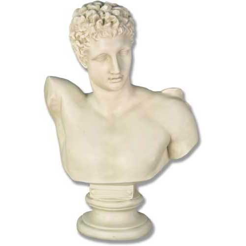 Classical Greek-style male bust with curly hair, detailed facial features, and ornate pedestal base, evoking Renaissance sculpture.