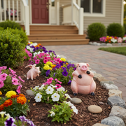 Flying pig figurines in whimsical, old world European style with ornate, exaggerated features and playful, rounded forms. Side Angle
