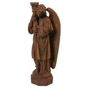 Standing angel with large curved wings holding a tall, ornate candlestick, on a hexagonal base.