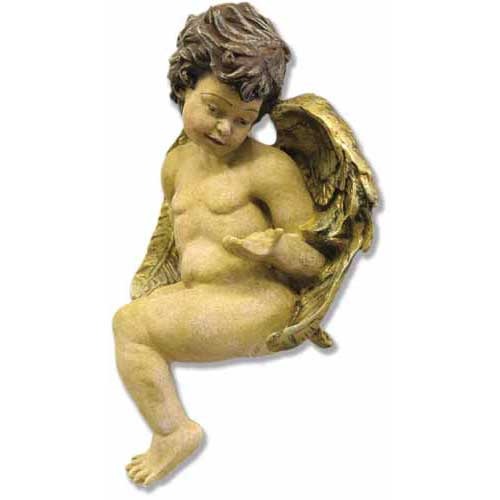Sitting winged cherub with a serene facial expression, holding a small object.