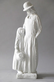 Mother and child statue in old world European style, featuring classical draped clothing and gentle, ornate detailing. Side Angle