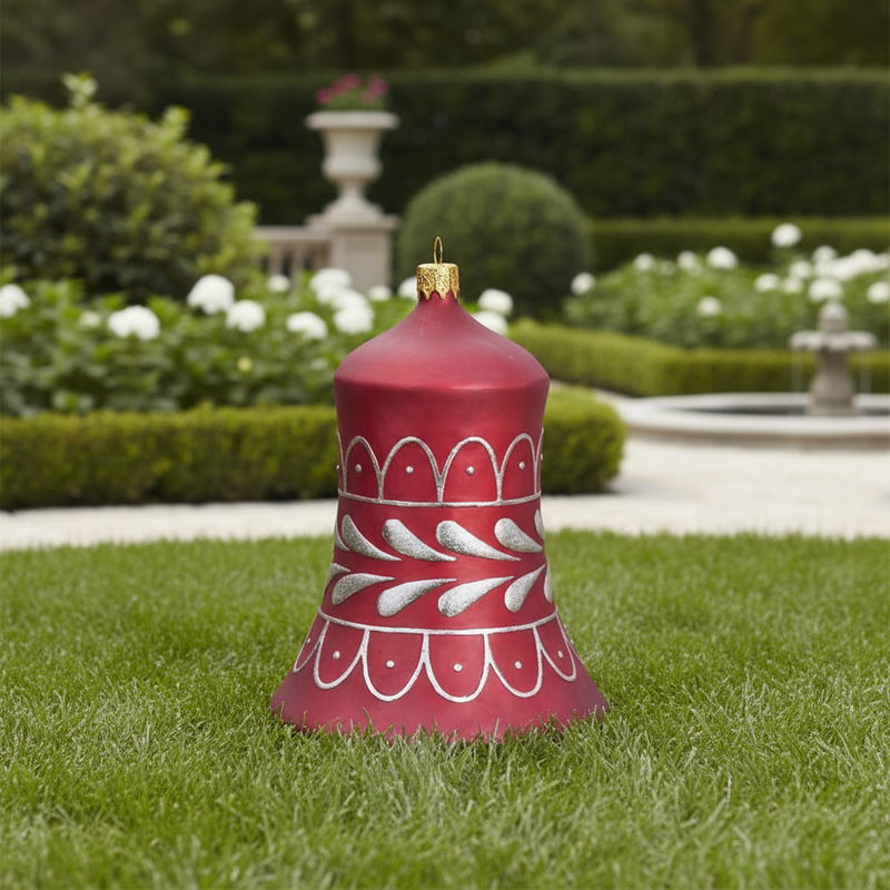 Ornate bell with classical old world European design, featuring Baroque-inspired silver patterns and scalloped detailing. Side Angle