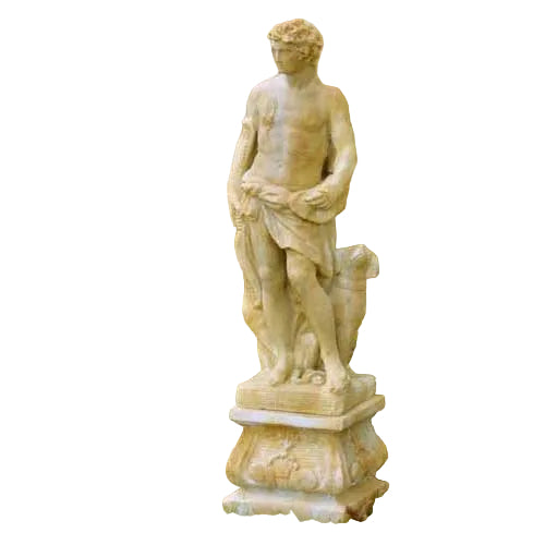 Classical Renaissance male statue with draped cloth, standing on an ornate pedestal, featuring detailed old world European artistry.
